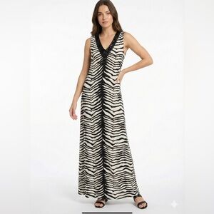 CHICO’S Zebra Print Sleeveless Maxi Dress Vee Neckline Beading Detail US Sz M